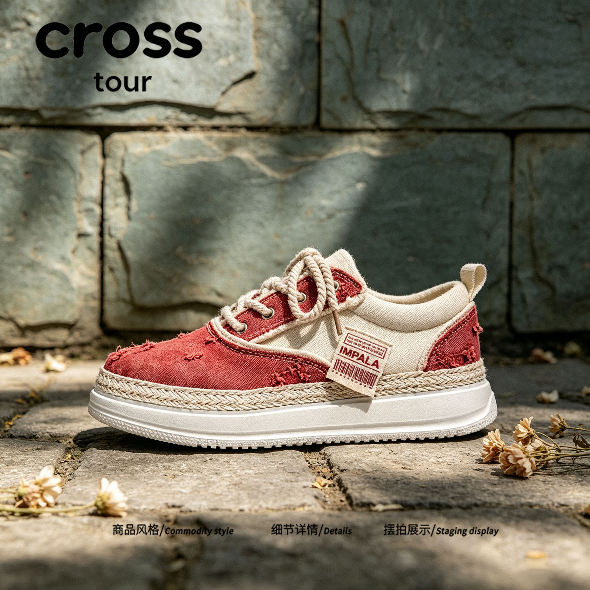 Cross tour红复古做旧破洞草编厚底休闲帆布鞋轻透气低帮系带男鞋