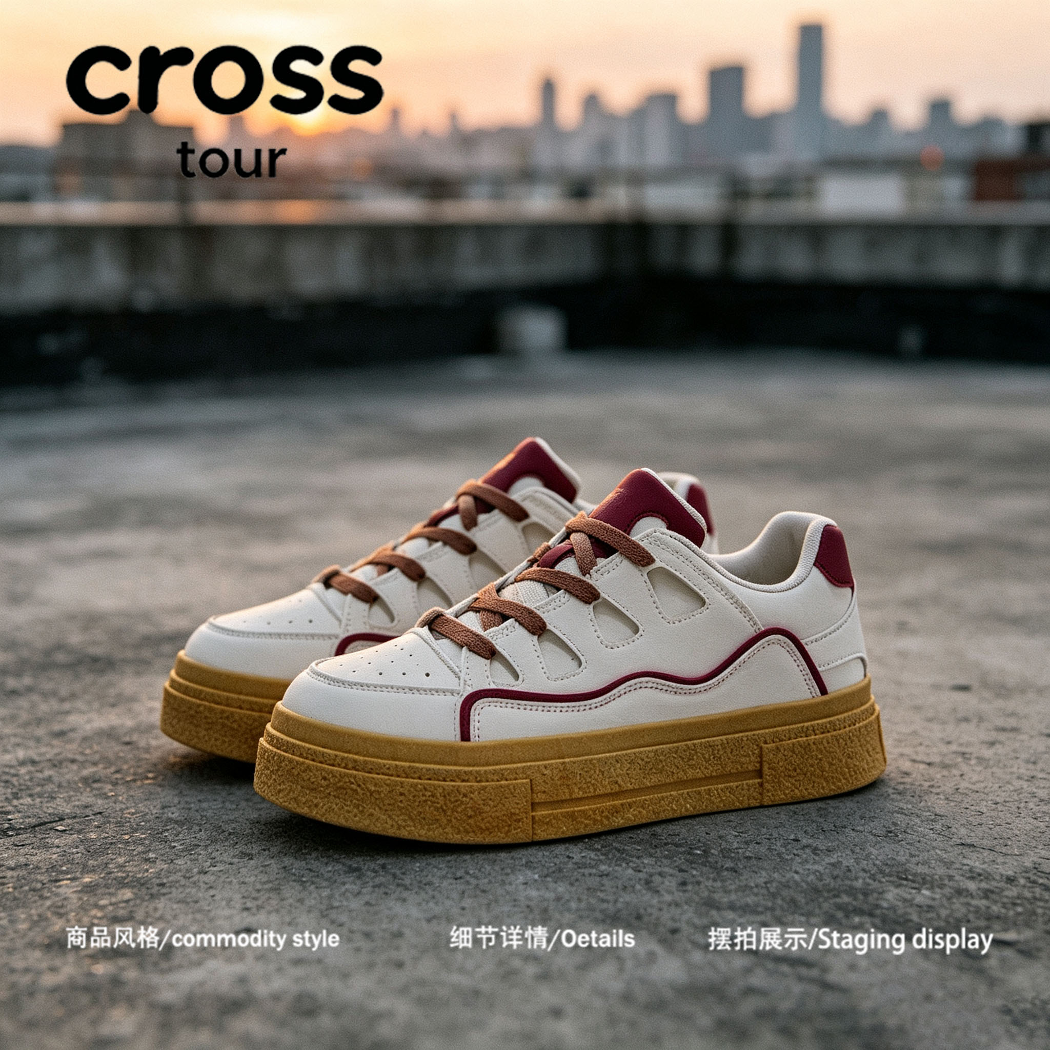 【格调干净】Cross tour米白酒红撞色拼接厚底复古板鞋透气低帮鞋