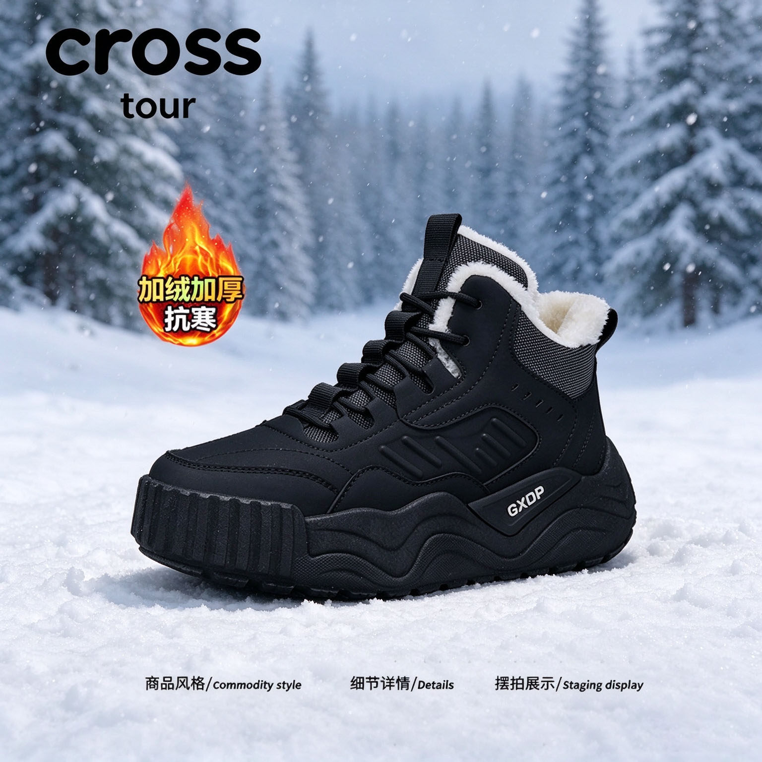 【素构简型】Cross tour时尚厚底波浪纹雪地靴加绒加厚抗寒高帮鞋