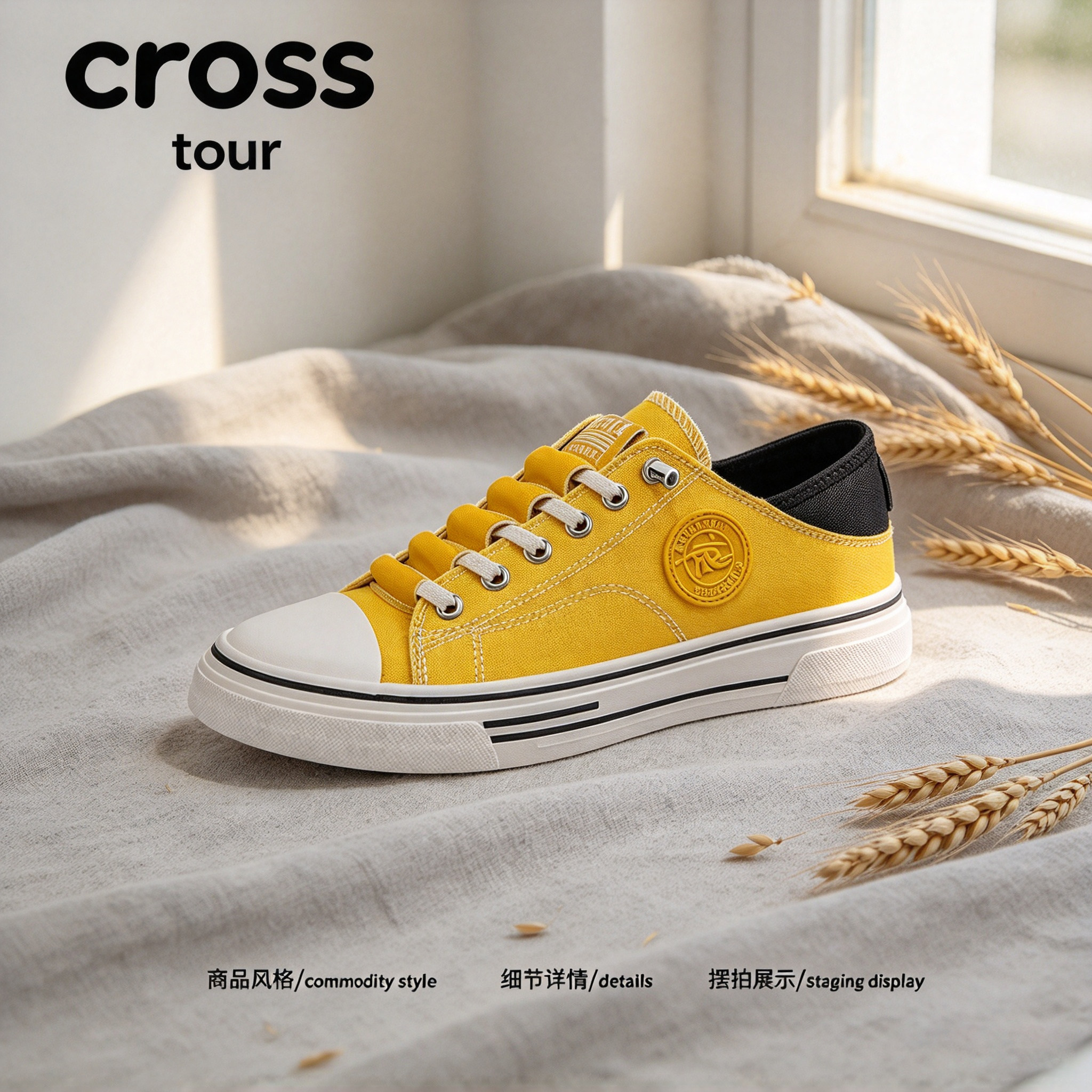 Cross tour黄色撞色拼接防滑橡胶底低帮板鞋帆布透气耐磨圆头男鞋