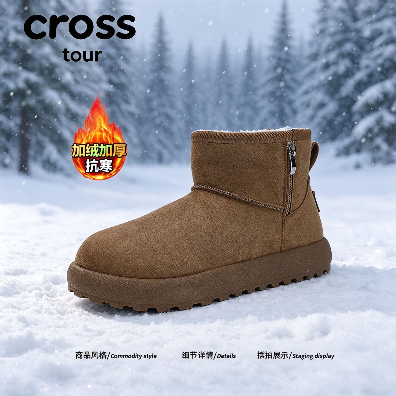 【逸调随性】Cross tour时尚厚底雪地靴绒面加绒加厚抗寒侧拉链鞋