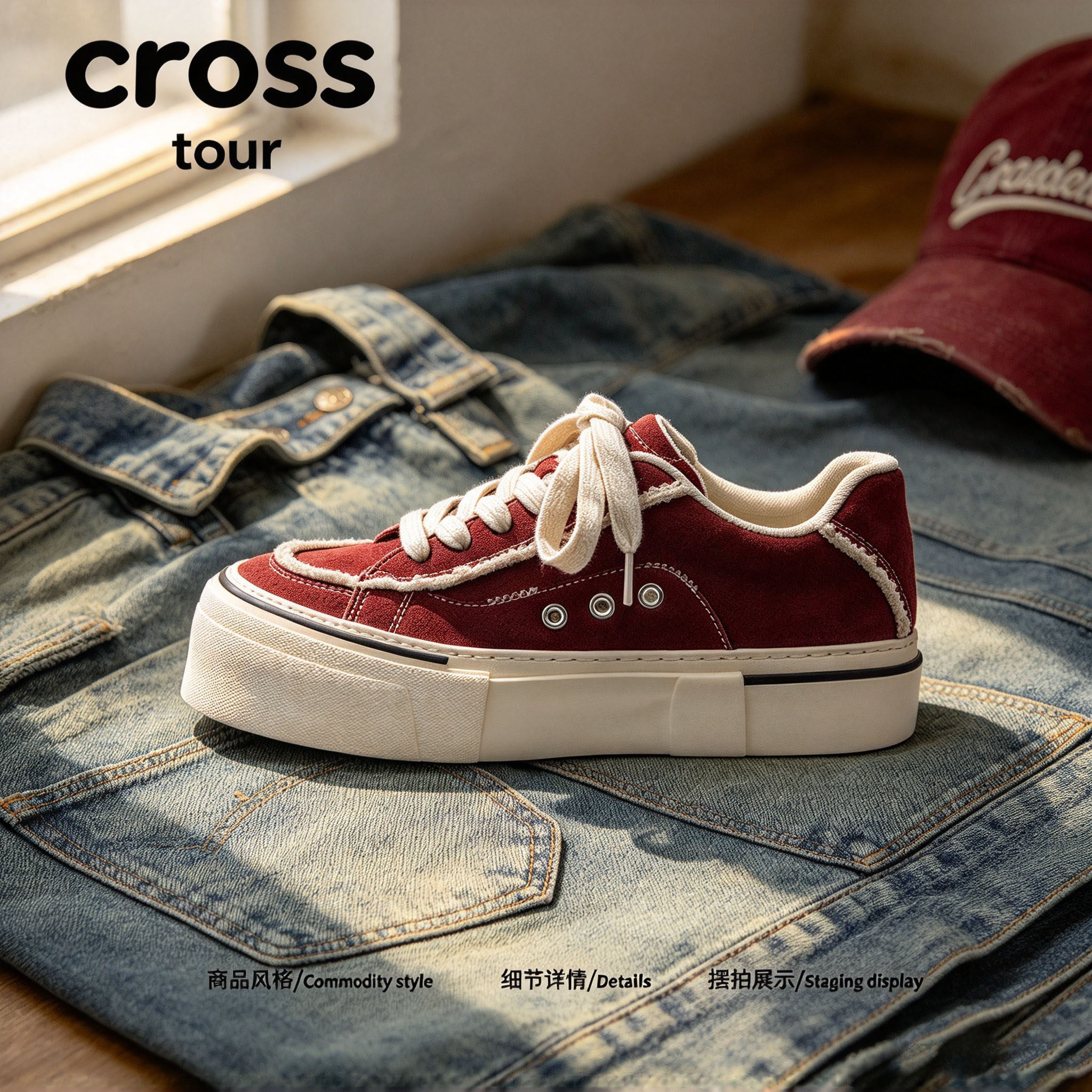 【闲构松弛】Cross tour时尚简约工艺厚底休闲板鞋绒面耐磨低帮鞋