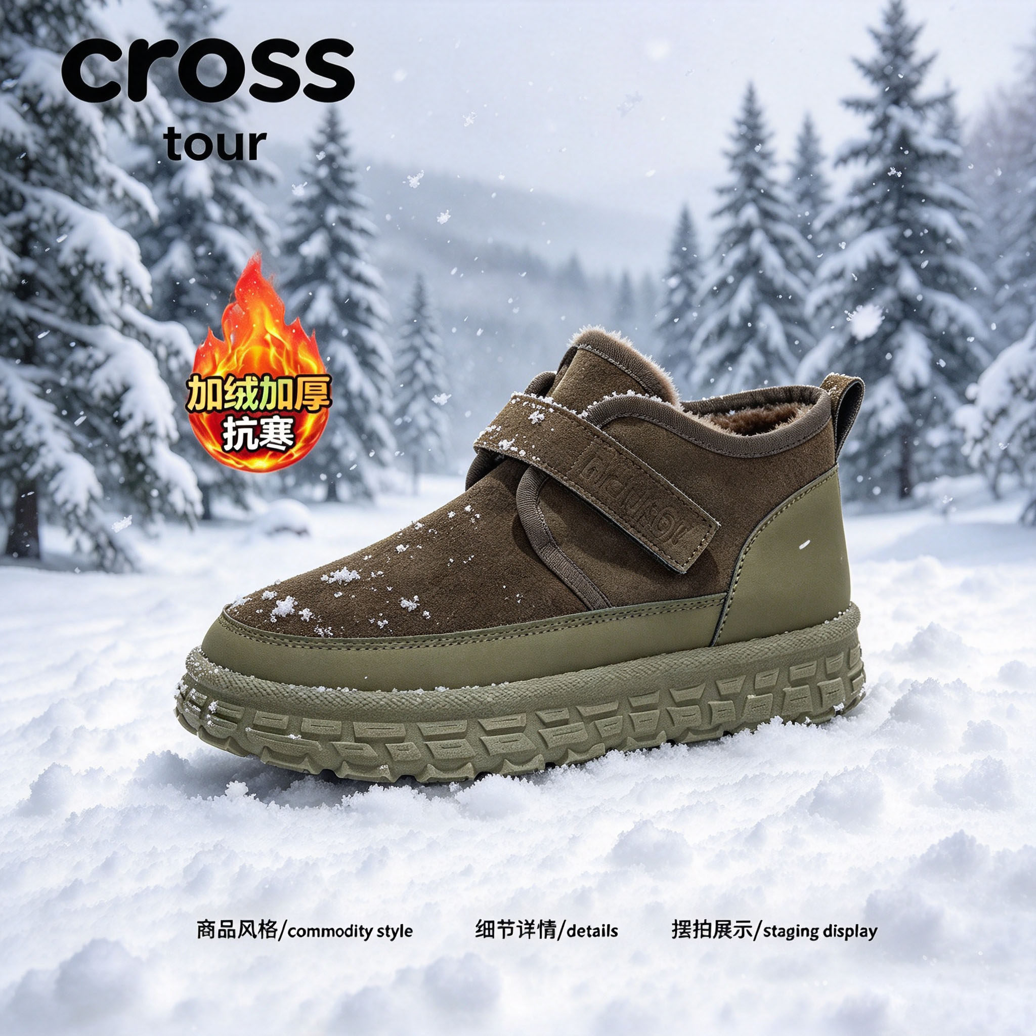 【暖糯锁温】Cross tour时尚军绿色拼接雪地靴加绒加厚抗寒雪地靴