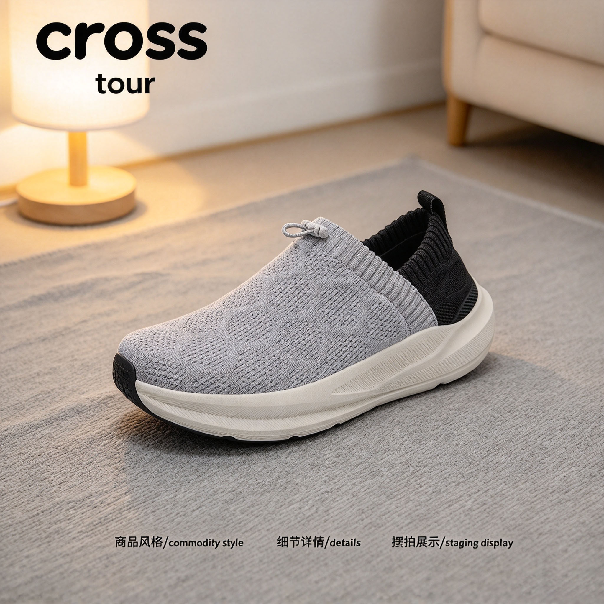 Cross tour灰黑针织厚底防滑轻耐磨休闲飞织透气轻便套脚低帮男鞋