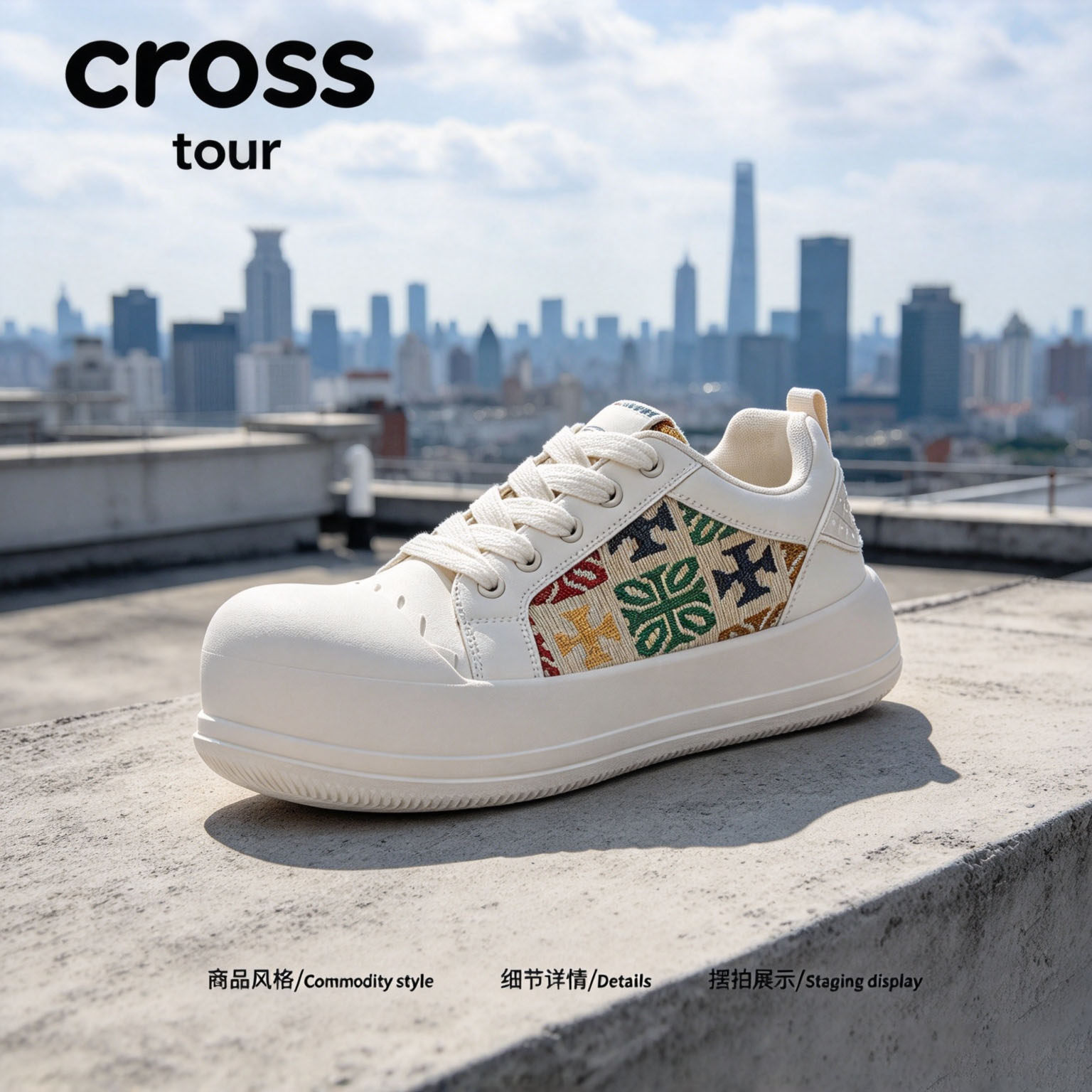 【利落焕型】Cross tour米白色刺绣花纹厚底休闲板鞋耐磨舒适潮鞋