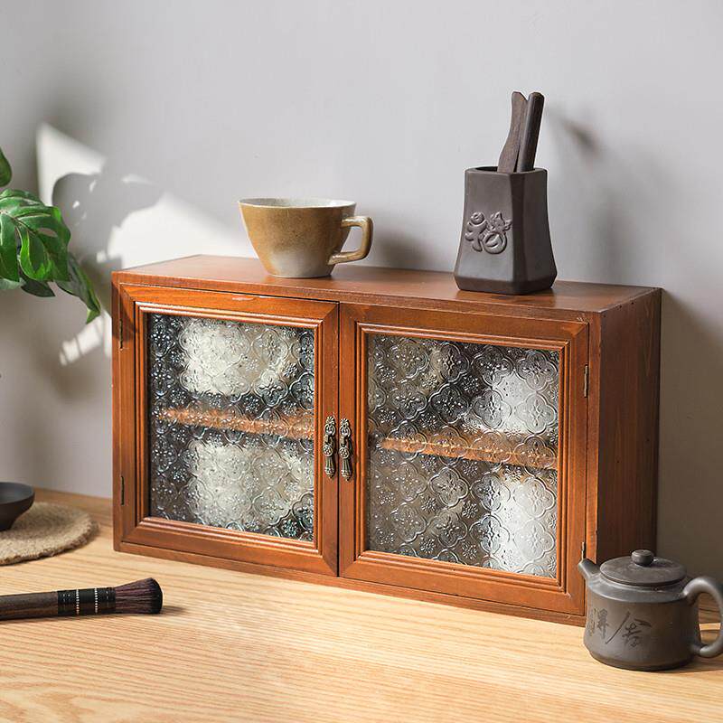 优选复古实木茶杯收纳柜日系香水化妆品桌面收纳盒玻璃防尘手办展