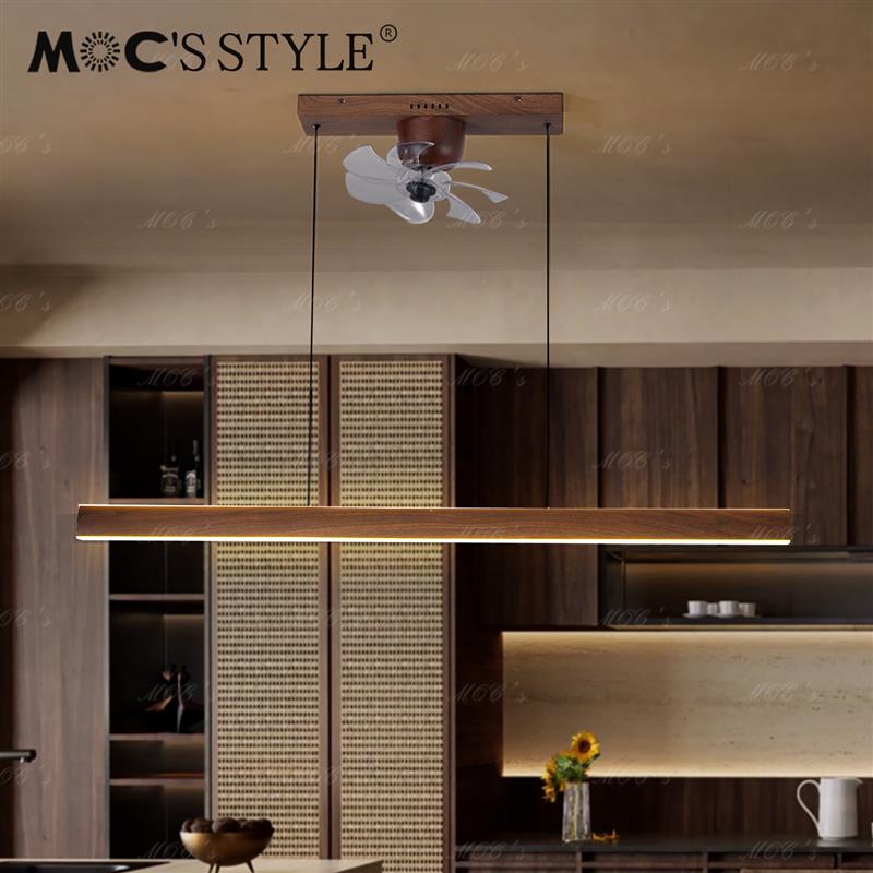 优选意式极简一字饭厅风扇吊灯中古高级感胡桃木色餐桌吧台长条吊