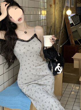 300斤大码胖蝴蝶结印花蕾丝花边辣妹灰色收腰显瘦吊带连衣长裙