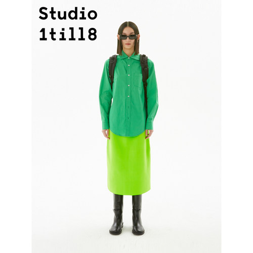 复古街头亮绿色男友风中性衬衫