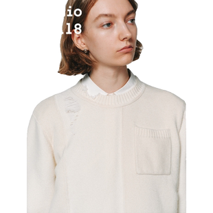 Studio1till8|通勤风设计感小众米白色圆领不规则拼接破洞毛衣女