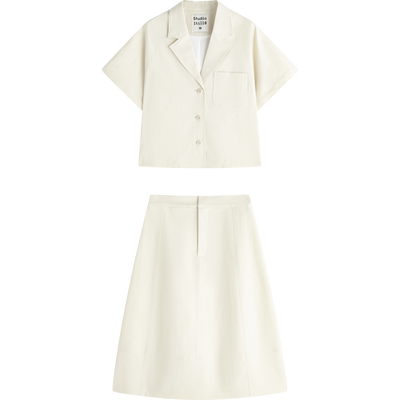棉质插肩短袖衬衫廓形半裙套装