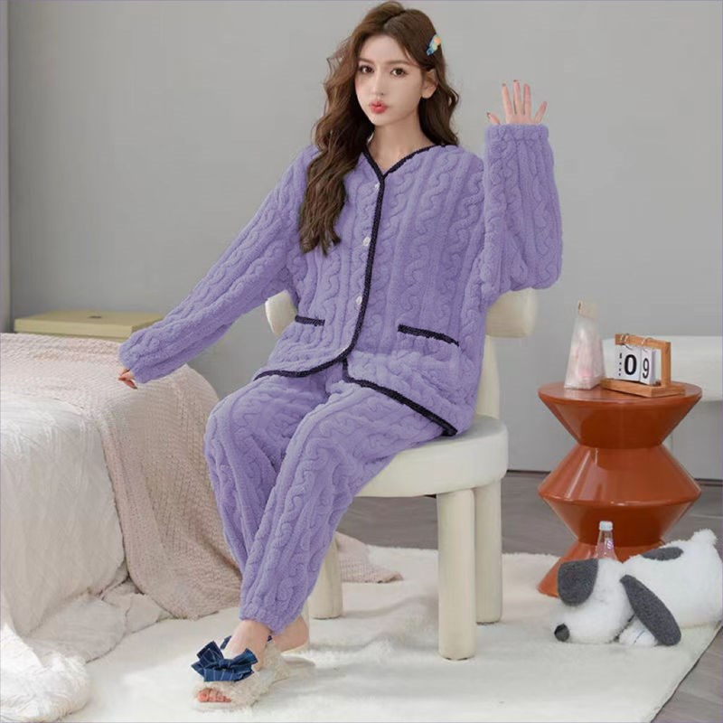 珊瑚绒睡衣女士春秋季新款中厚加绒大码法兰绒家居服套装可外穿