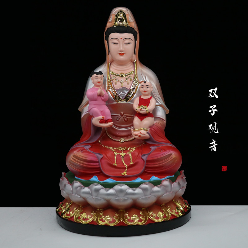 12/16/19寸双子观音送子娘娘像注生娘娘彩绘树脂客厅家用桌面摆件