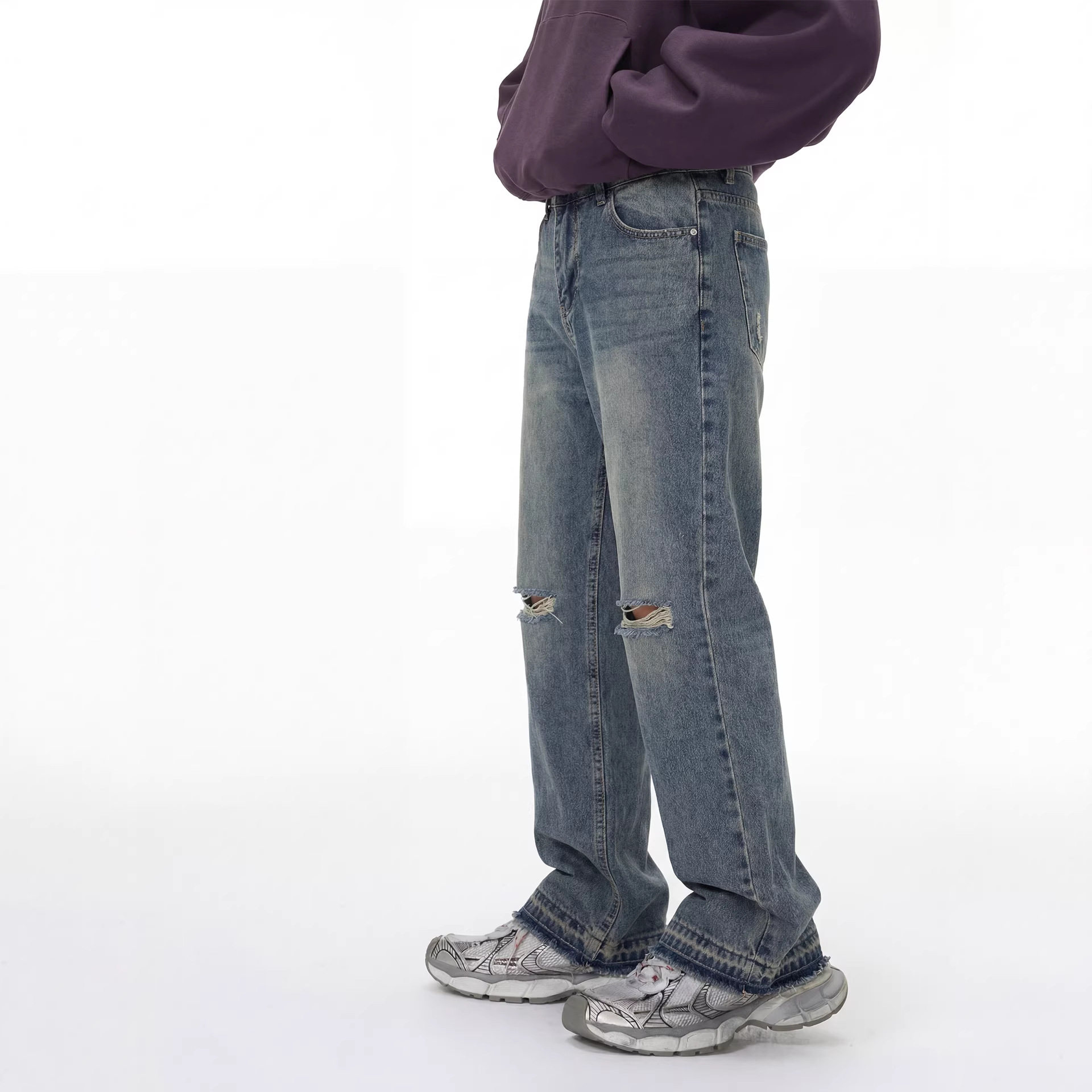 RDT男装|做旧水洗破坏美式刀割阔腿cleanfit微喇牛仔裤重水洗