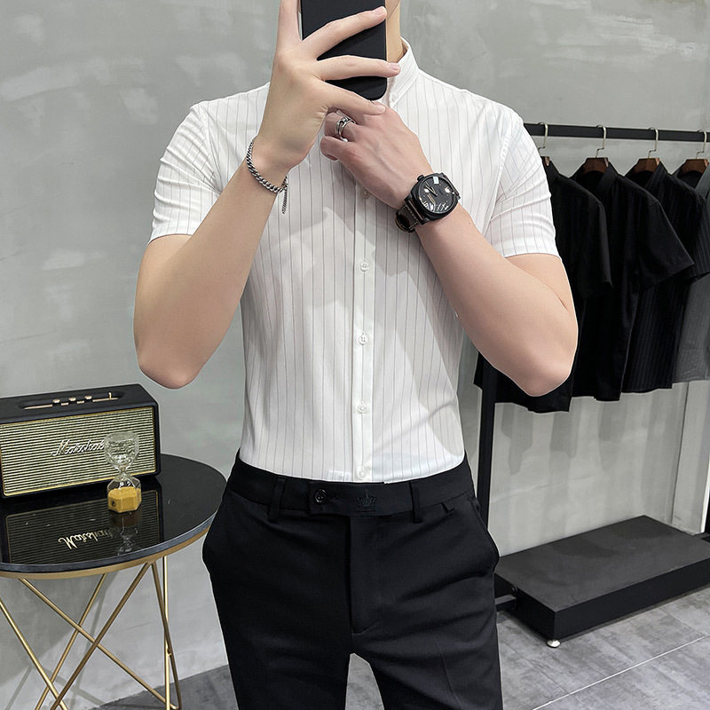 男士衬衫短袖韩版休闲条纹衬衣男修身款夏季简洁风2025男装商务