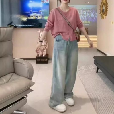 88827大爱美依缘2026新款时尚纯色长袖宽松外套高腰直筒牛仔裤女