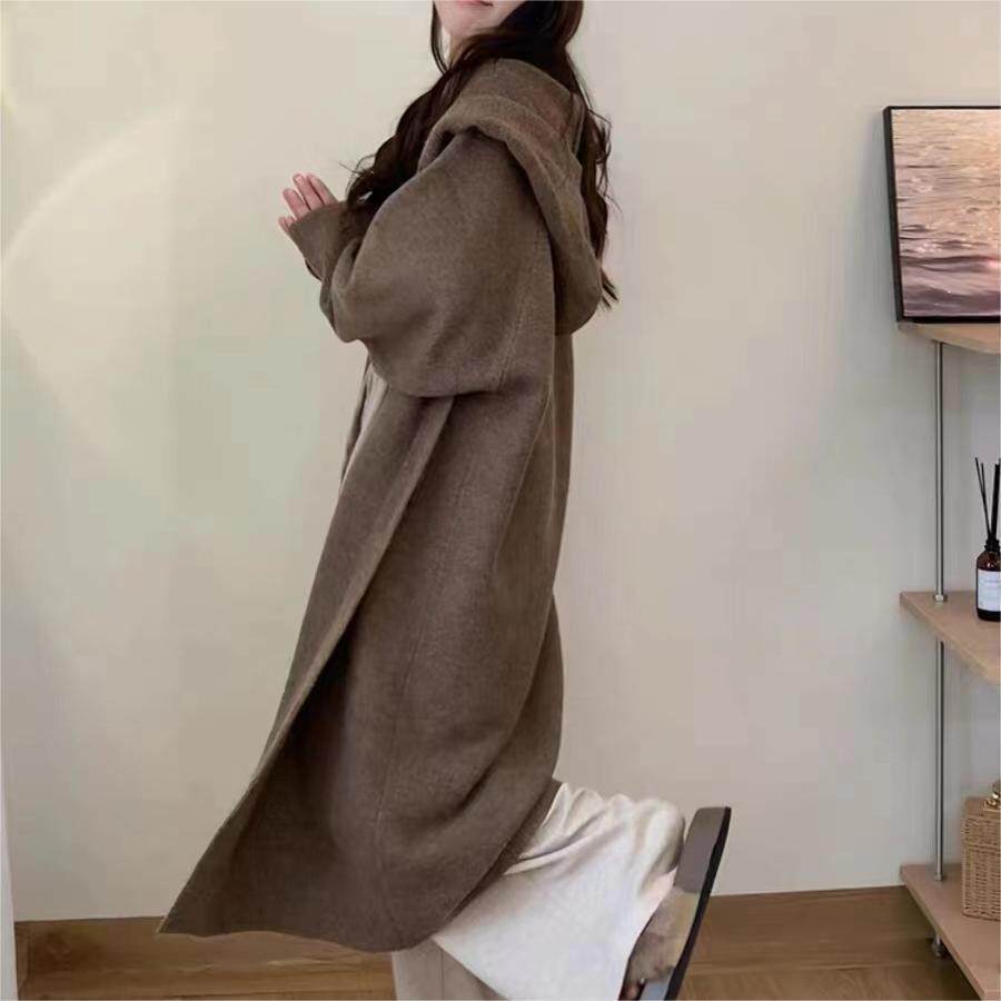 韩系慵懒风宽松纯色连帽加厚针织开衫女长款秋冬新款毛衣外套