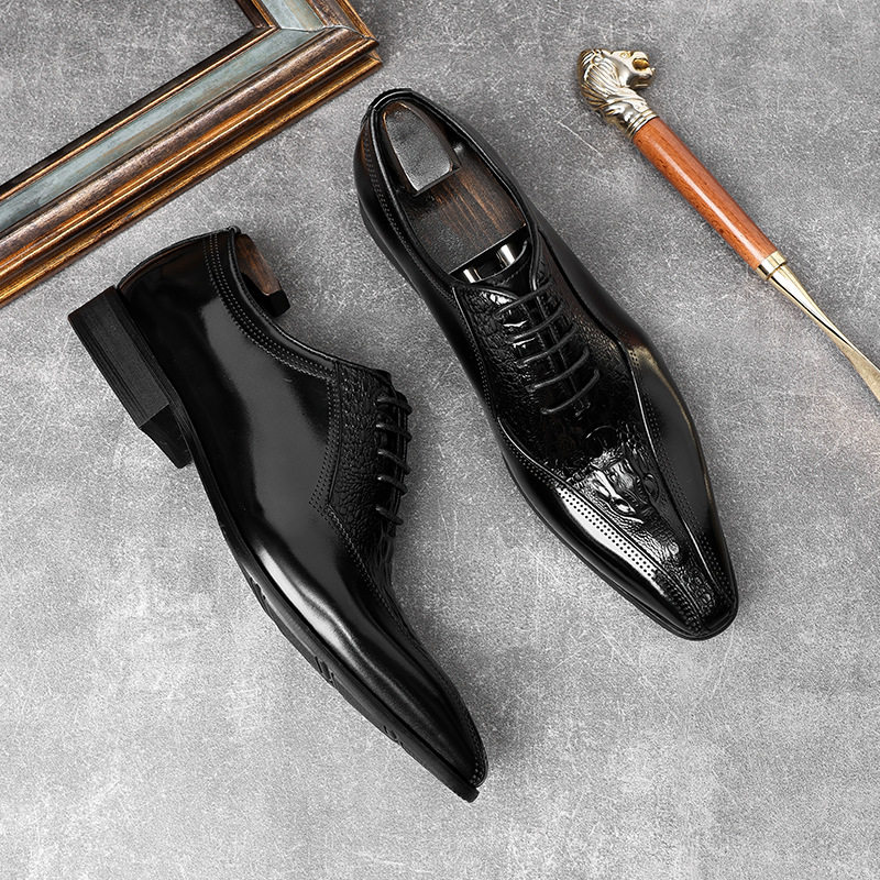 皮鞋男真皮正装男鞋尖头鳄鱼纹压花潮流男休闲牛皮鞋时尚发型师
