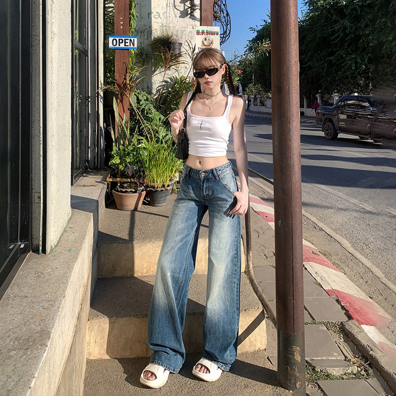 稚橘#2025新款水洗设计感阔腿牛仔裤女宽松显瘦遮胯百搭拖地长裤