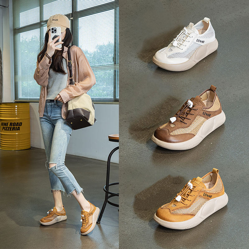 2026春季头层牛皮春夏学生懒人休闲鞋柔软厚底鞋平底镂空网面女鞋