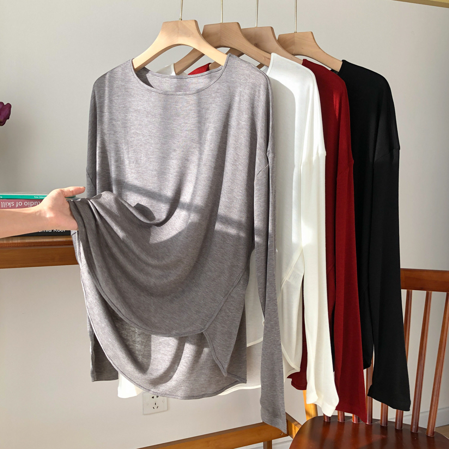 实力厂家！桑蚕丝面膜宽松长袖T恤 女春夏莱赛尔圆领中长款打底衫