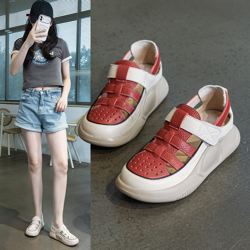 头层牛皮凉鞋女2026新款春季休闲复古风真皮外穿软底镂空厚底凉鞋