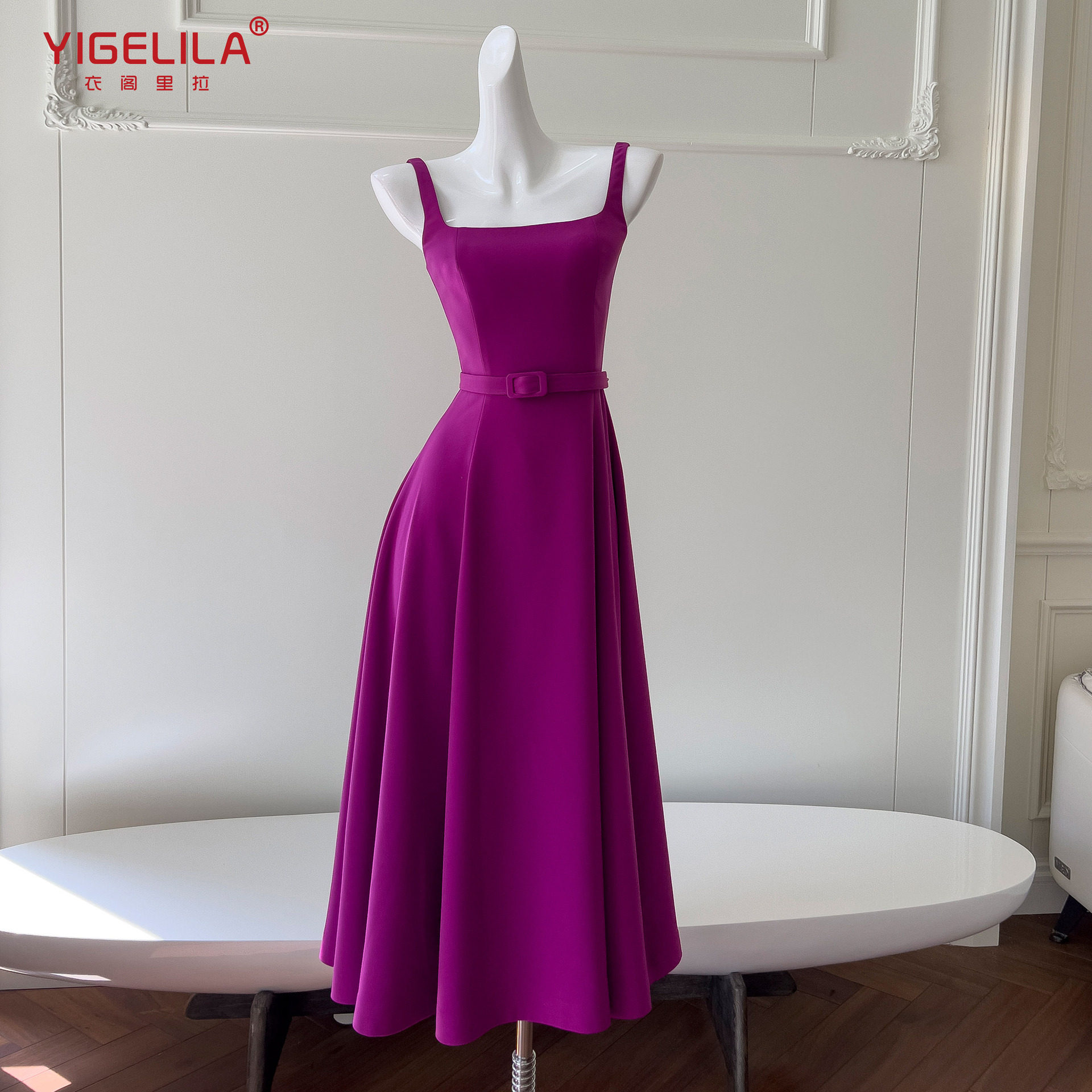 法式小香风紫色一字肩吊带连衣裙生日礼服收腰无袖气质长裙 68569