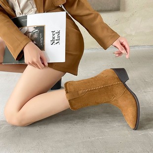 单靴滨莉西部短靴女磨砂牛仔靴2026尖头冬初秋新款粗跟单靴时装靴