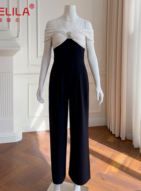 气质通勤上班族职业风黑白撞色一字肩连体裤长裤51293