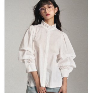 【盛都】衬衫新法式复古木耳边白色立领少女感立体泡泡袖衬衫上衣