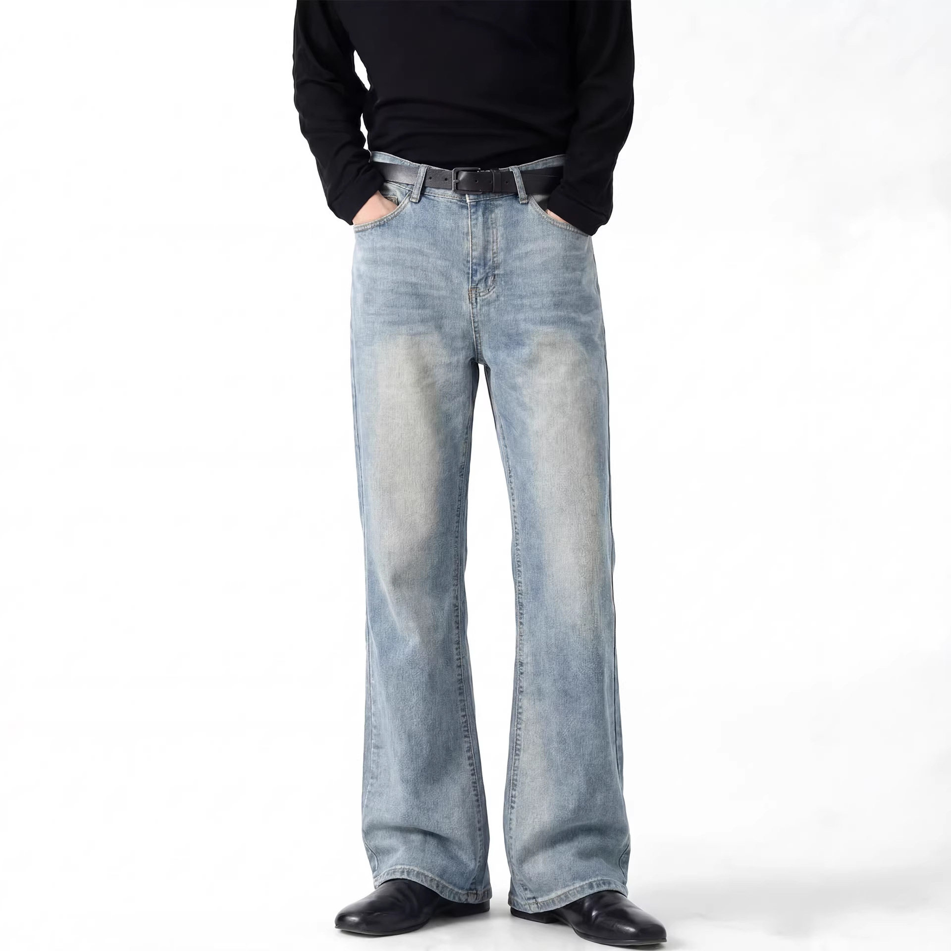 RDT男装|cleanfit直筒微喇叭蓝色牛仔裤男修身显瘦美式高街vibe