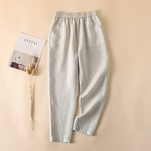 高端抗皱天丝亚麻裤子女夏季薄款萝卜裤小个子冰丝哈伦直筒棉麻