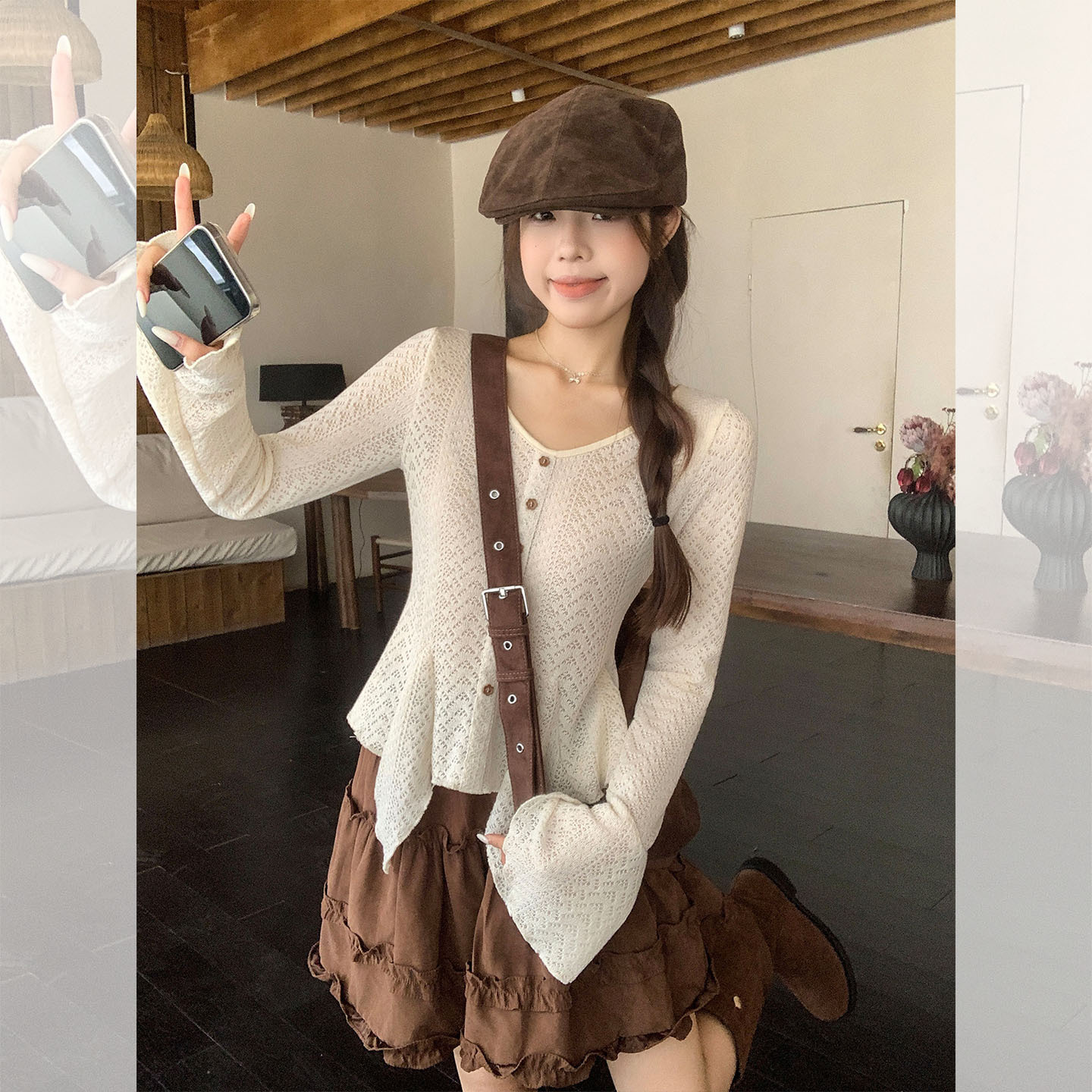 法式V领喇叭袖设计感长袖针织开衫女秋季镂空穿搭打底衫内搭上衣