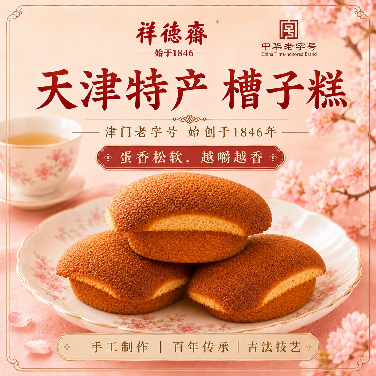 祥德斋中华老字号天津特产传统老味儿槽子糕炉元鸡蛋糕500g