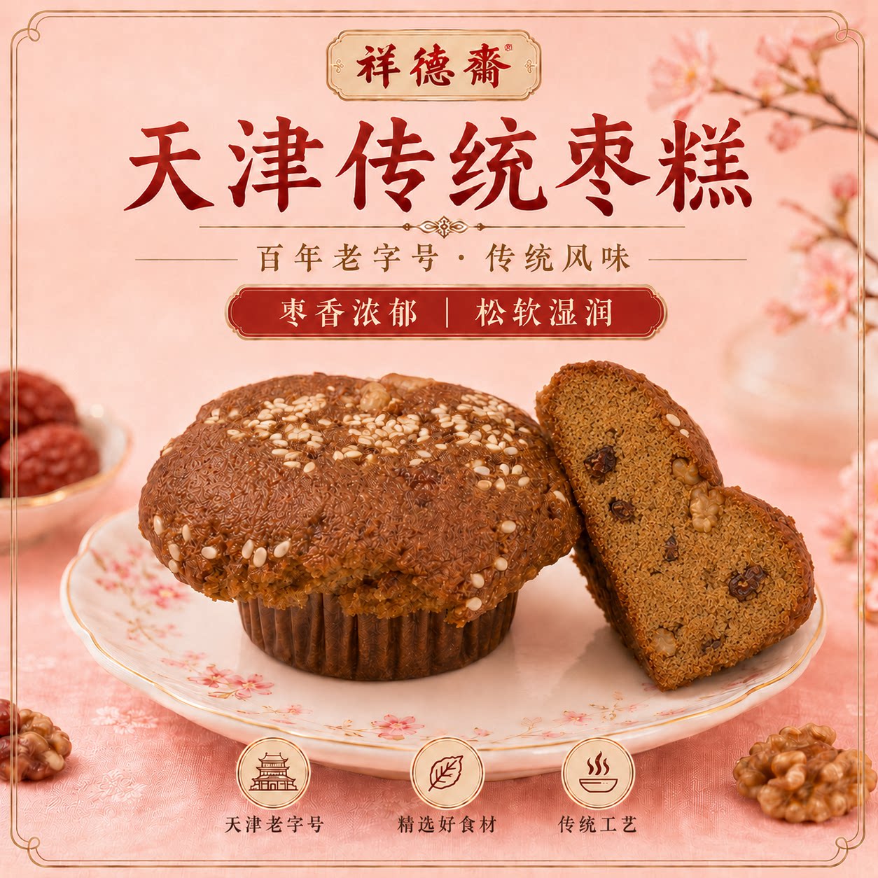 【新】祥德斋红枣核桃槽子糕枣糕早餐休闲糕点美味解馋小零食450g