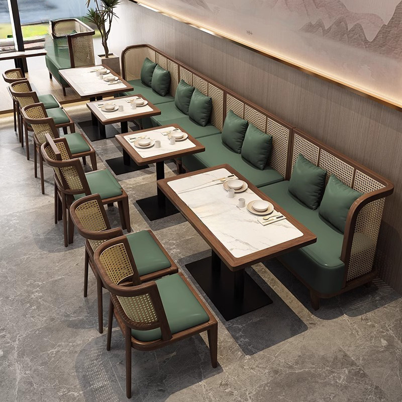 商用东南亚港式茶楼实木藤编靠墙卡座沙发主题西餐厅饭店桌椅组合
