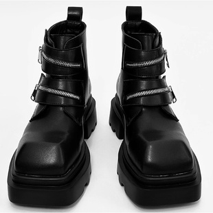 高级感方头牛皮男厚底增高中筒英伦风马丁靴小众高帮德比皮鞋男