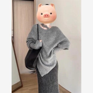 大码法式高级感不规则灰色毛衣软糯半身裙宽松2026新款秋冬套装