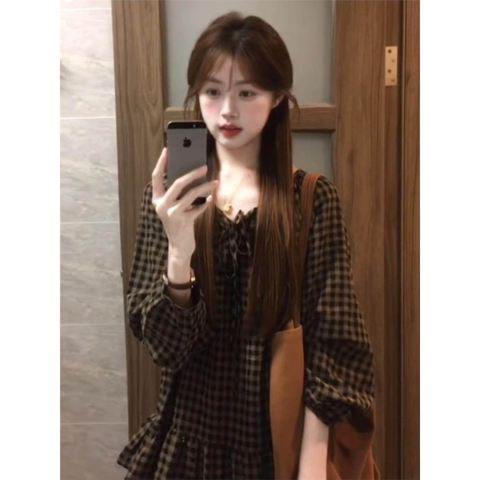 韩系学生复古慵懒风格子绑带长袖衬衫女2026春季新款显瘦上衣外套