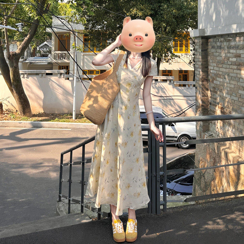 夏季法式黄色碎花收腰显瘦连衣裙