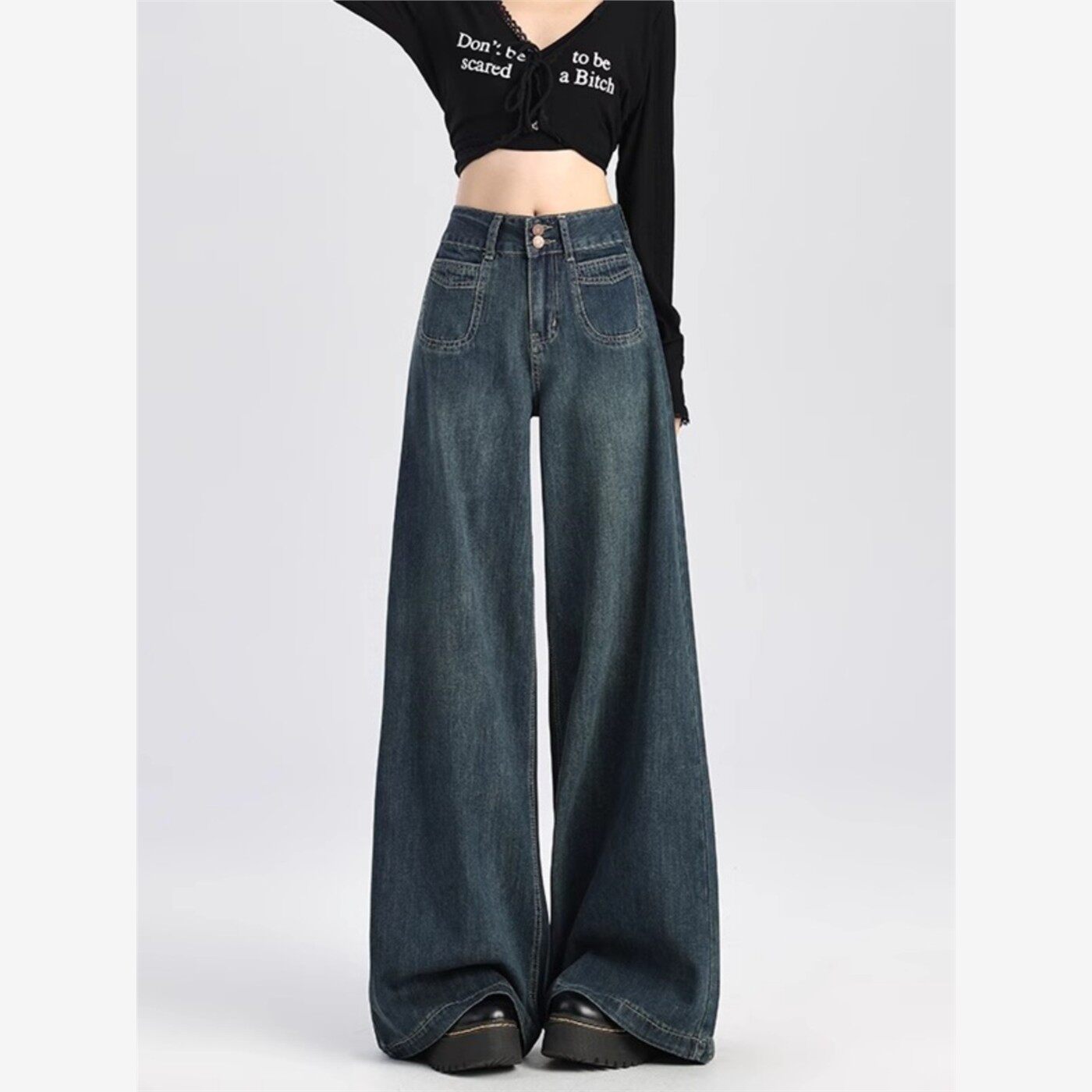 深蓝色慵懒风牛仔裤女阔腿宽松2026新款春季高腰显瘦不贴腿喇叭裤