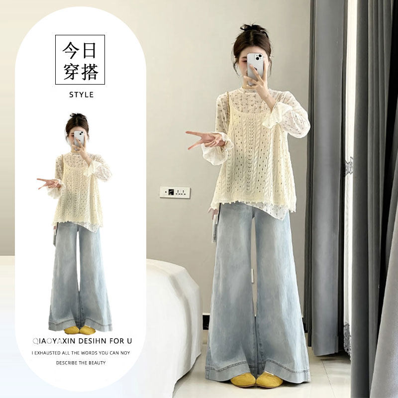 微胖显瘦韩系套装女2026超火碎花打底衫背心马甲高腰阔腿裤一整套