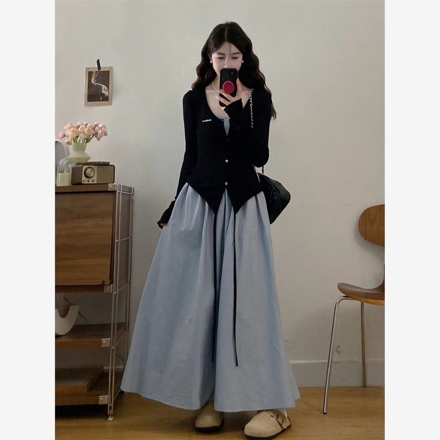 大码胖mm秋季两件套女 2026新款不规则开衫 简约显瘦背心裙套装