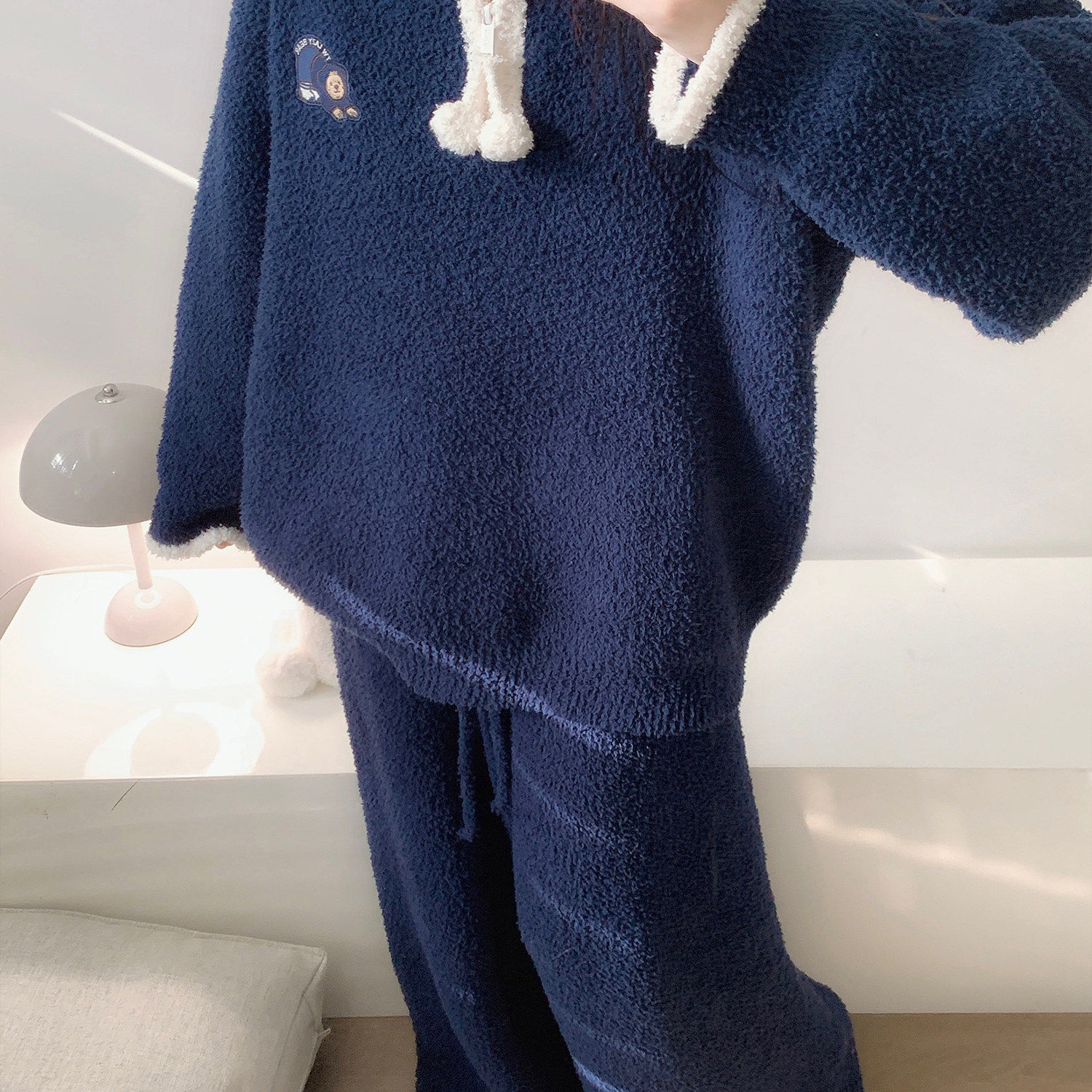 韩系小熊半边绒睡衣女冬