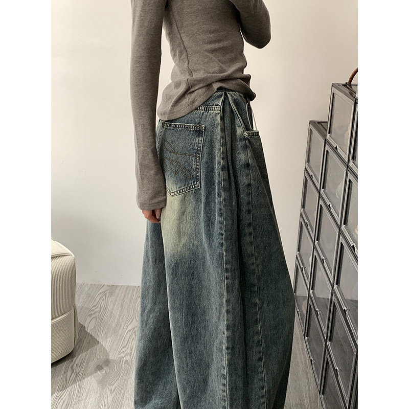 美式复古高街设计感牛仔裤女秋冬大码胖mm慵懒风宽松显瘦阔腿裤子