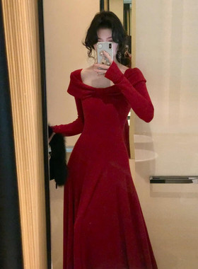 新年战袍法式气质感红色针织连衣裙女秋冬新款修身长裙子 鱼尾裙