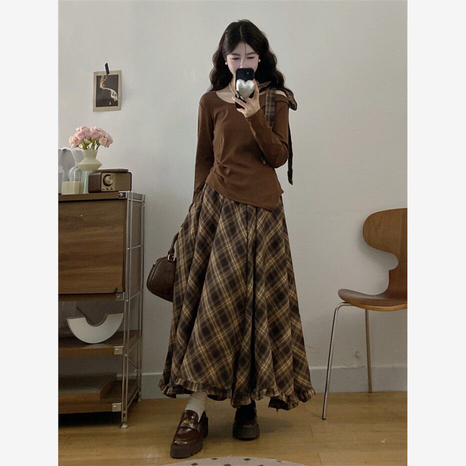 大码chic高级感套装裙女春季胖MM蝴蝶结上衣高腰格子半身裙两件套