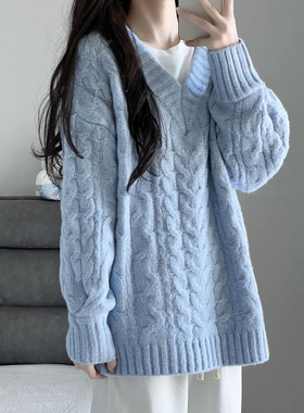 大码胖mm温柔风软糯麻花毛衣2025秋冬新款宽松V领显瘦慵懒针织衫