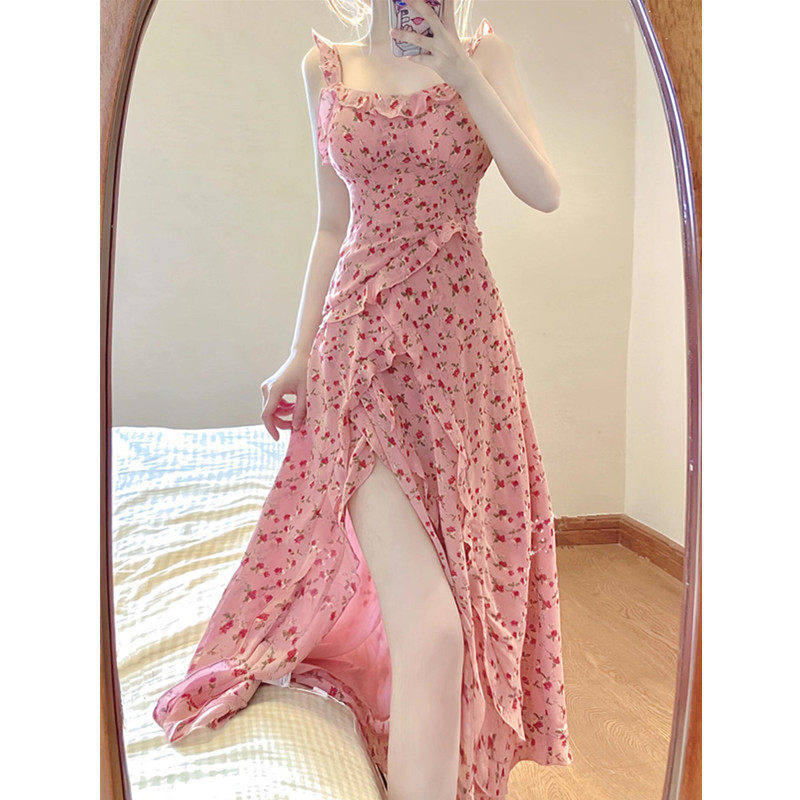 夏季法式碎花收腰显瘦吊带连衣裙