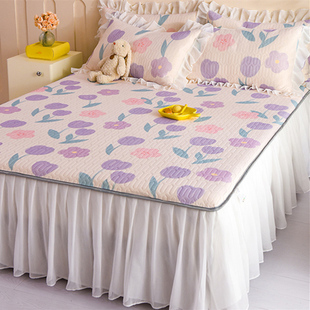 A类夏季 凉感冰丝席防滑可机水洗夏天凉垫 ins乳胶凉席三件套床裙款